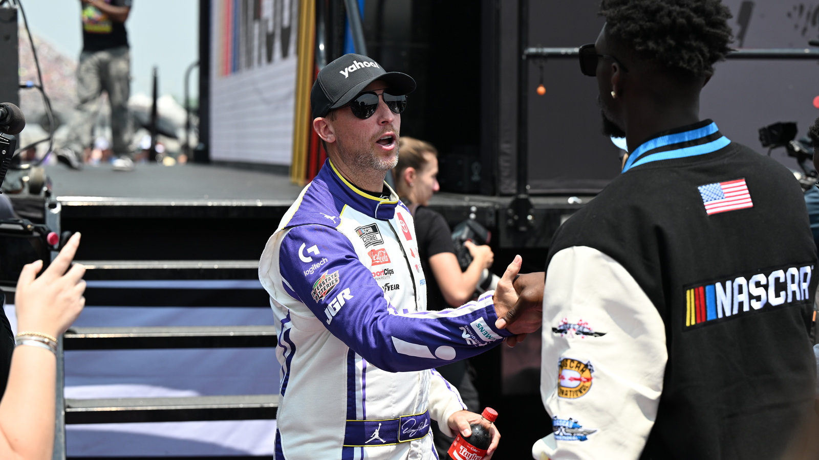 Denny Hamlin reacts to ‘disaster’ moment on restart after making big save at Michigan