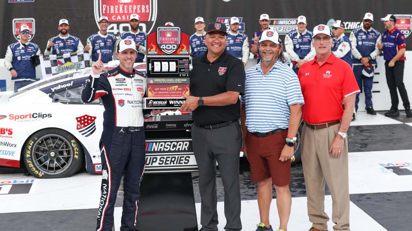 Denny Hamlin pays tribute to Kyle Busch after tying NASCAR record with FireKeepers Casino 400 win