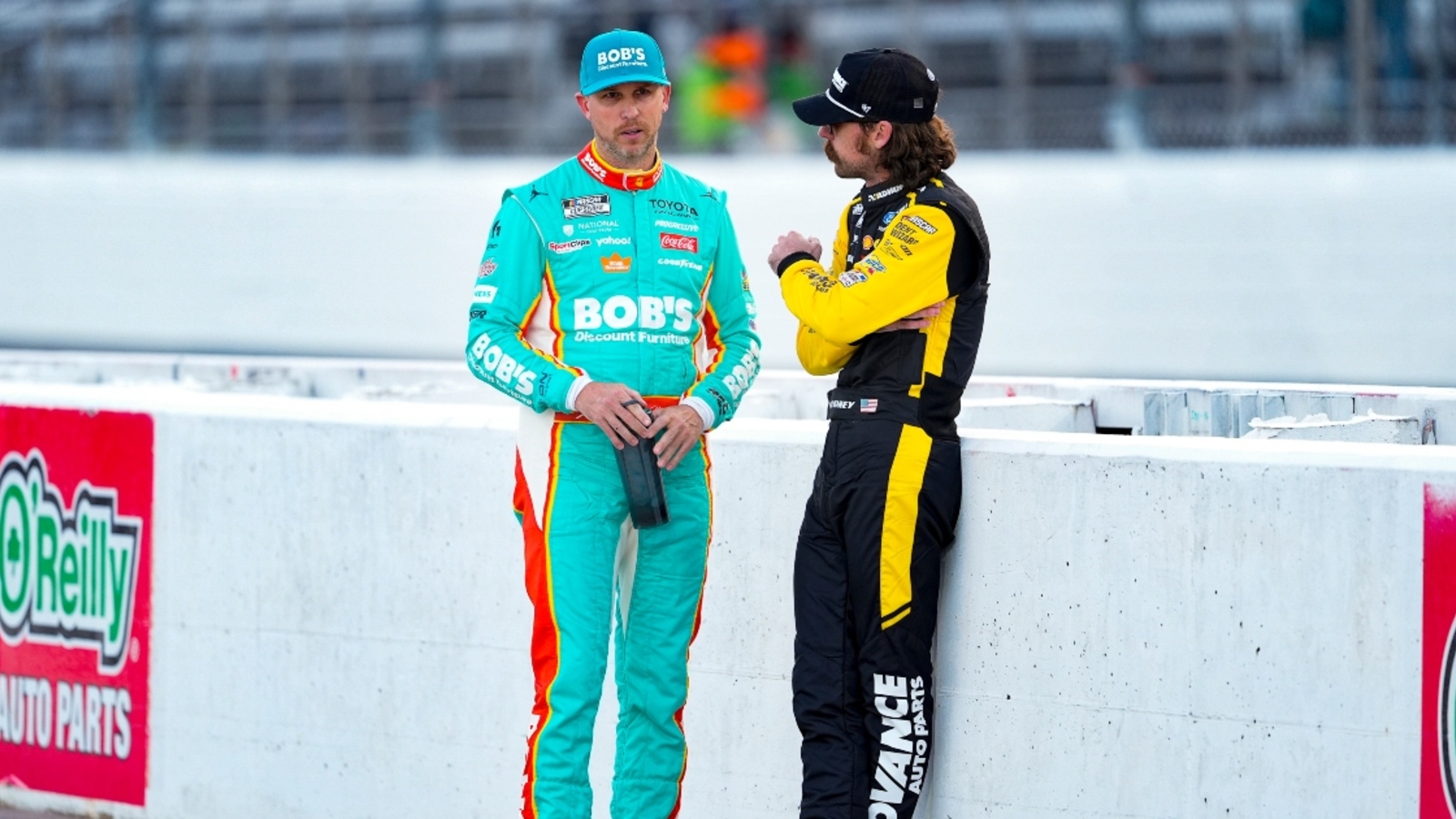 Denny Hamlin reacts to late contact with Ryan Blaney at Martinsville