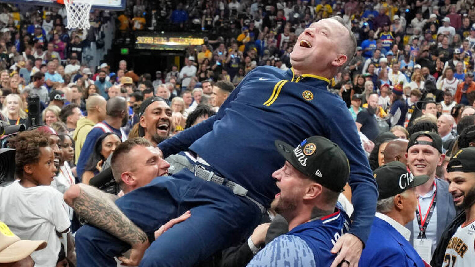 Watch Malone gets lifted up by Jokic brothers in celebration Yardbarker