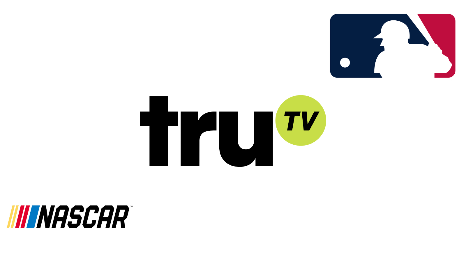 NASCAR, MLB, and truTV logos on white background, arranged diagonally.