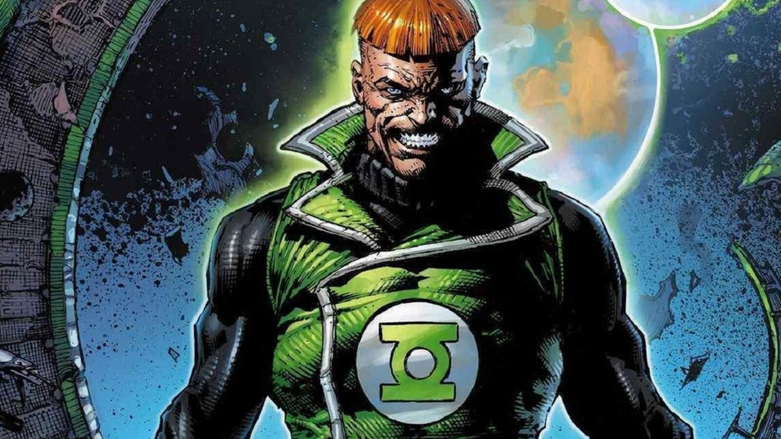 Guy Gardner in his Green Lantern attire, symbolizing his complex and sometimes tumultuous relationship with the power ring