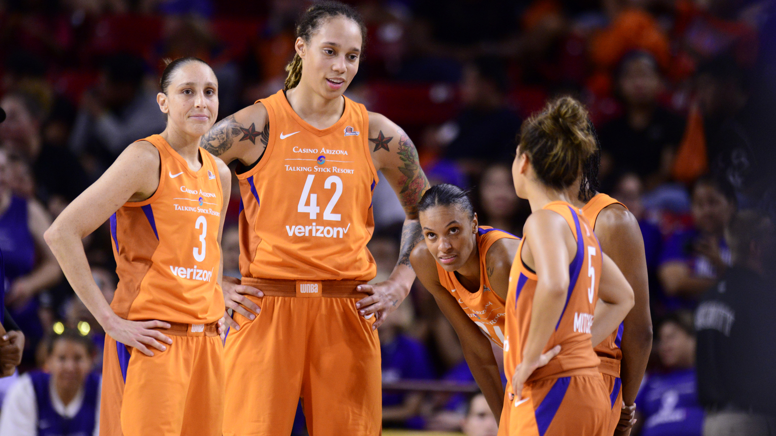 Diana Taurasi, Brittney Griner and DeWanna Bonner of the Phoenix Mercury lo...