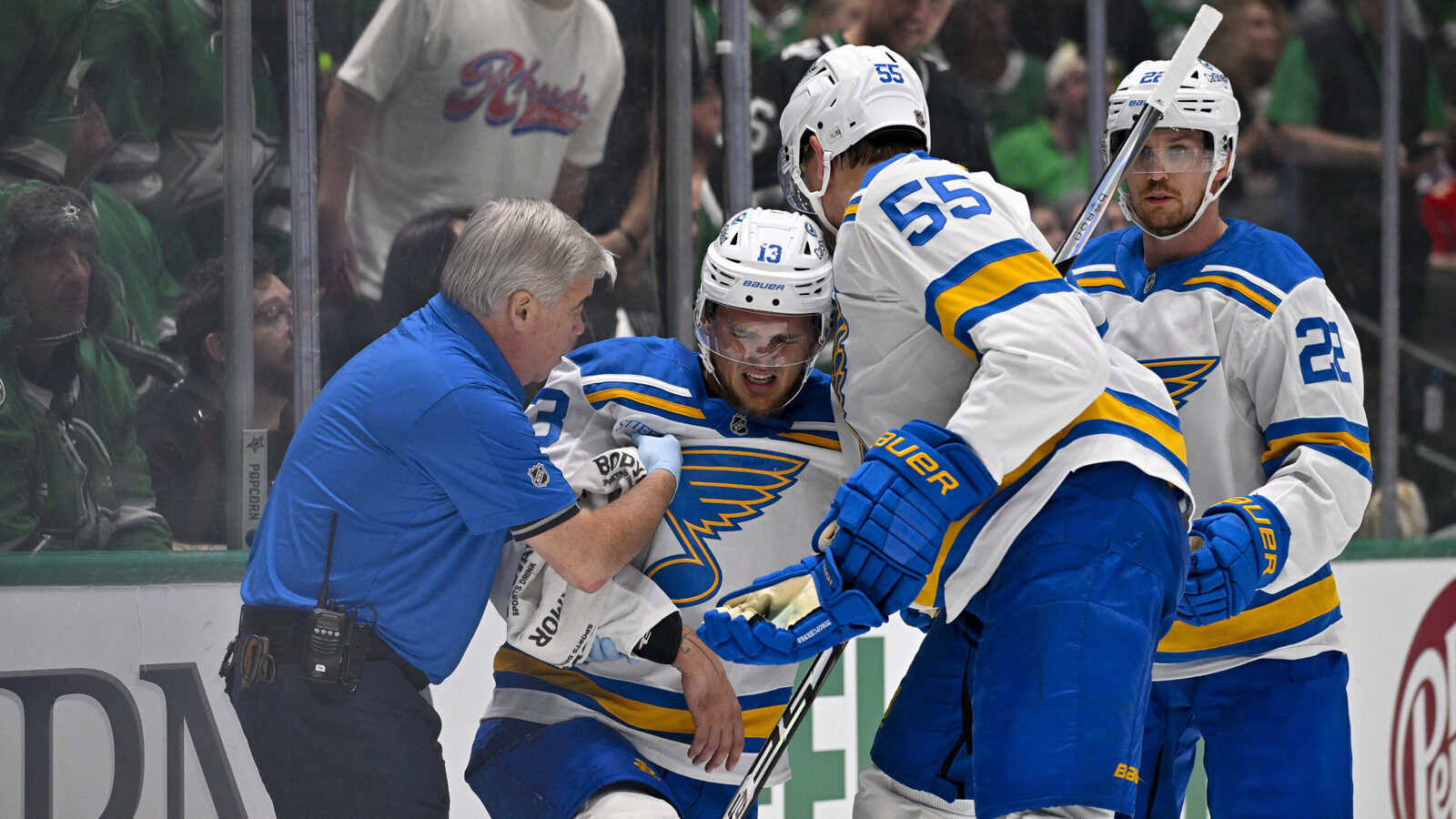 Blues’ Alexey Toropchenko leaves game with injury, Brandon Carlo ejected