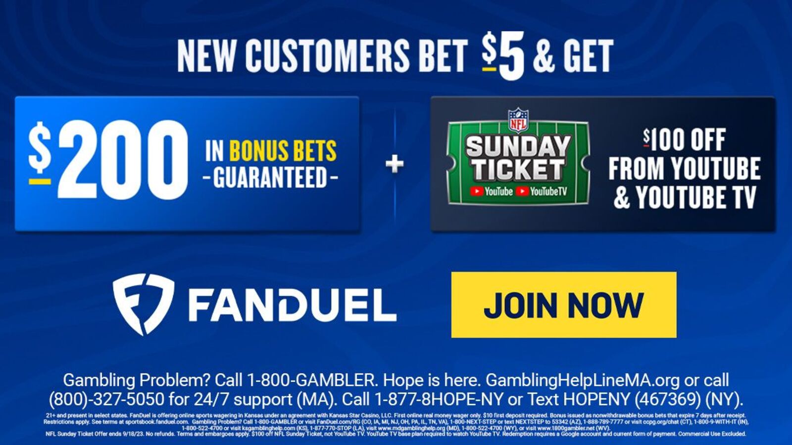 Bet 5 on FanDuel This Week and Get a 100 Off NFL Sunday Ticket Promo