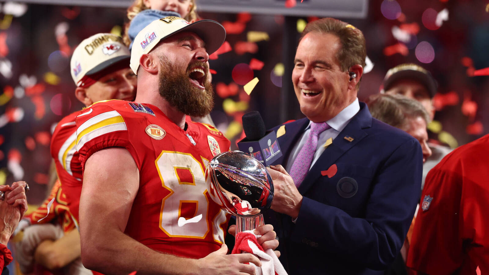 Travis Kelce shares raw emotion on stage after Super Bowl LVIII win
