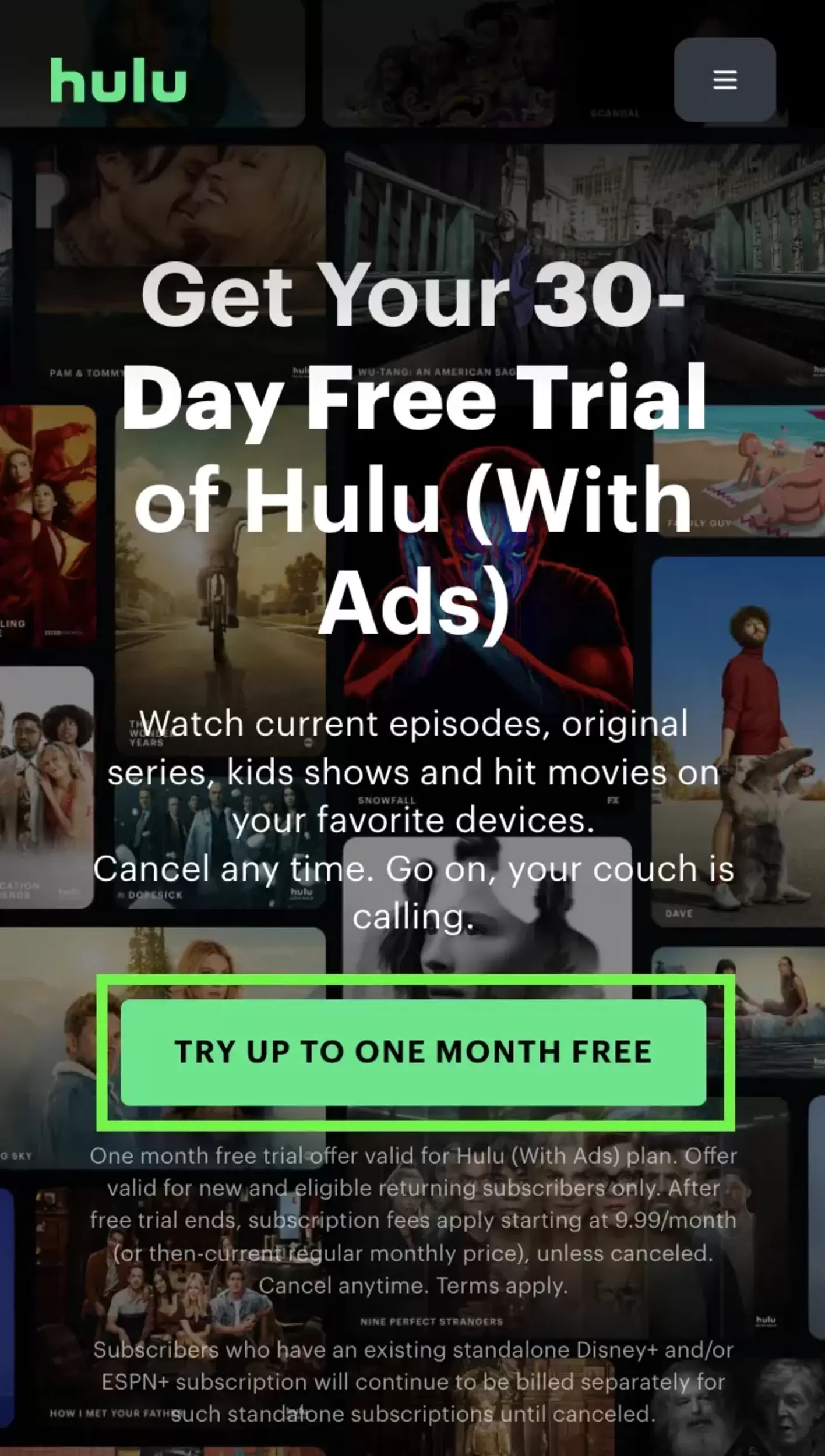 The Green Box For Hulu Free Trial "Try One Month Free" Highlighted In a Green Box