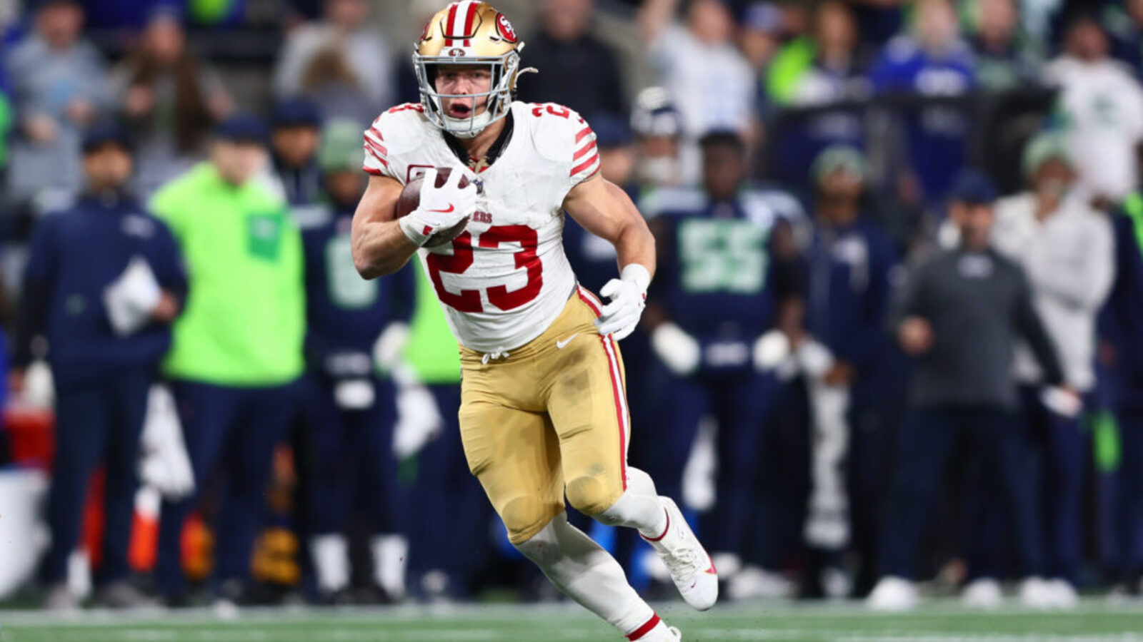Christian McCaffrey on the sidelines.