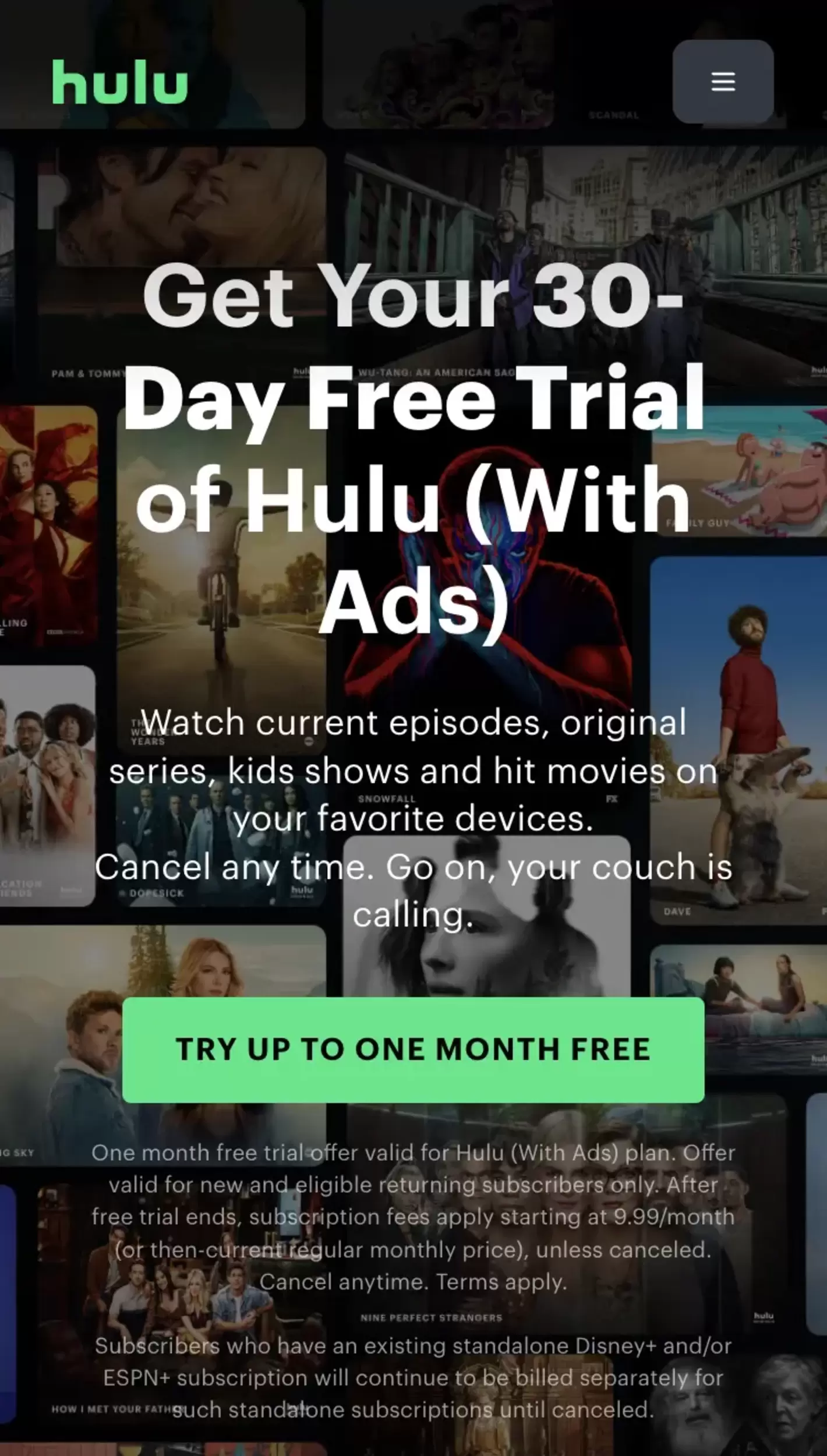A mobile screen capture of the Hulu free trial offered for the 30-day free trial