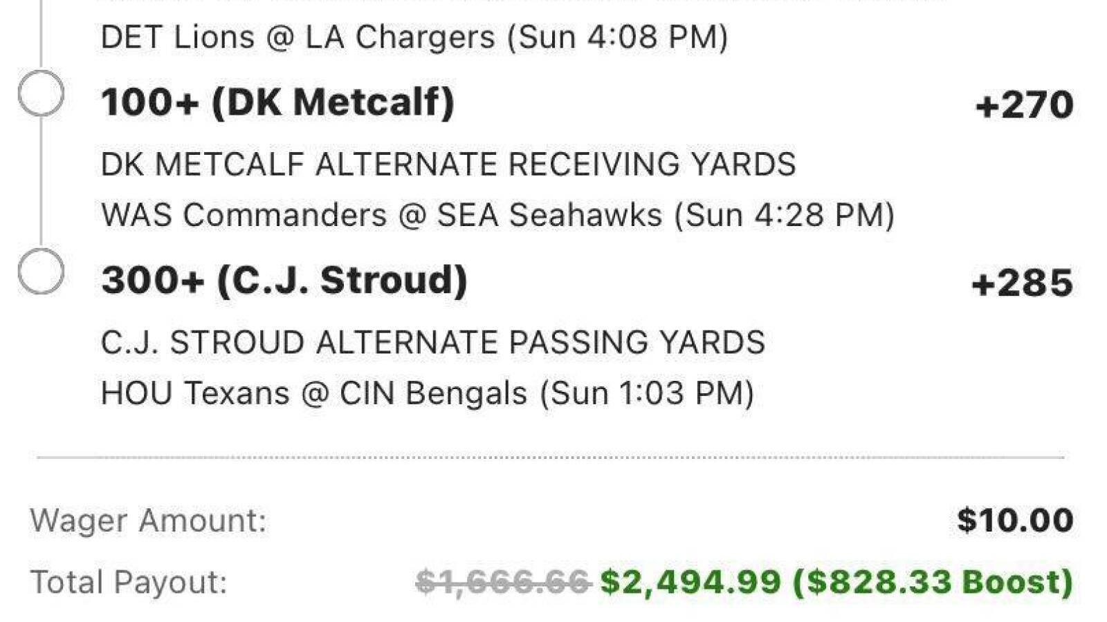 NFL Week 10 lotto ticket parlay: $10 to win $2494.99