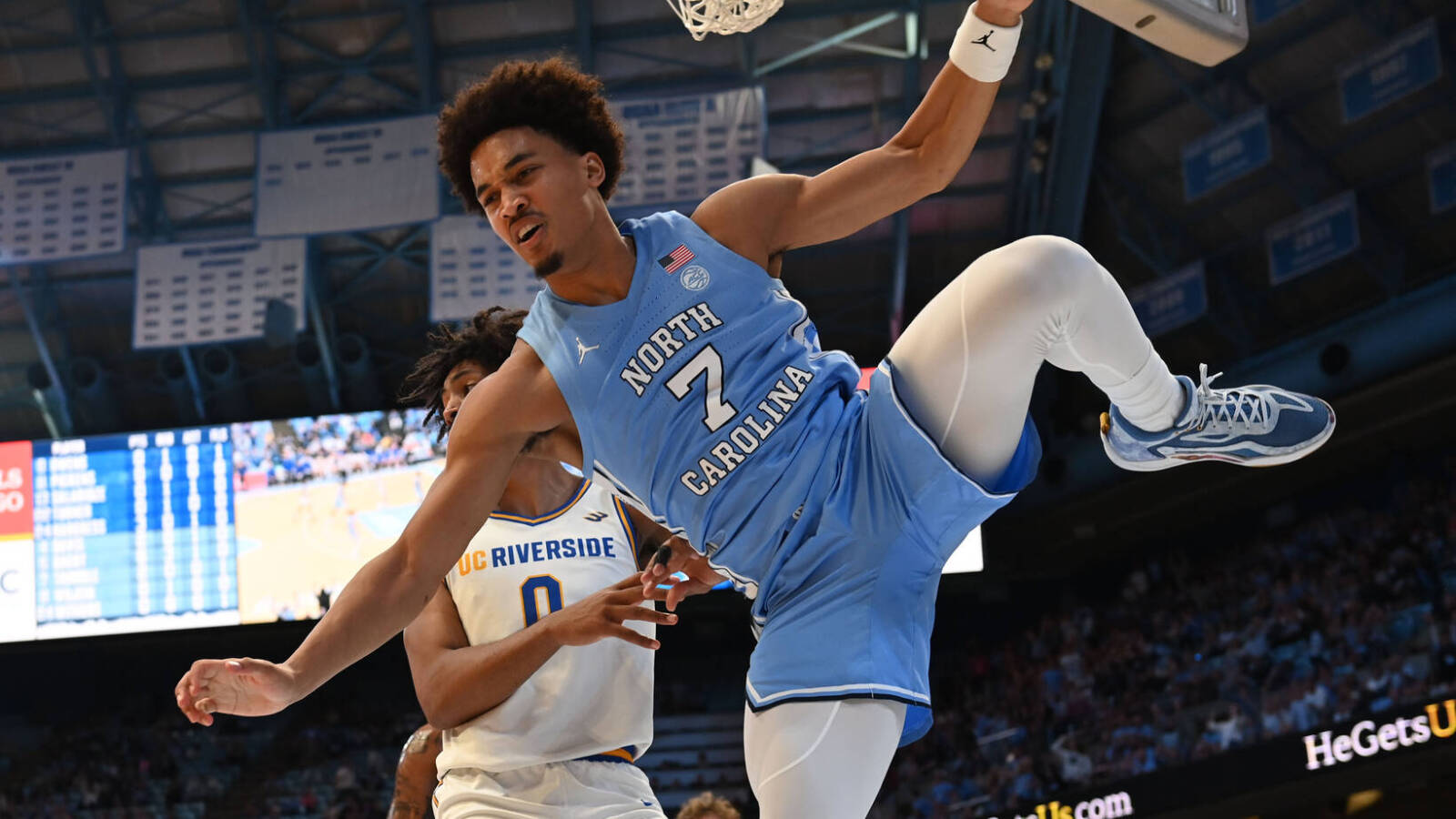 Seth Trimble of UNC delivers a powerful dunk against UC Riverside