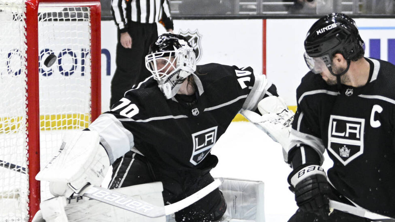 Joonas Korpisalo of the Los Angeles Kings protects the goal during